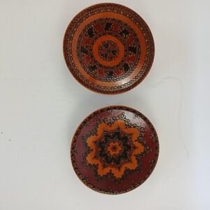 Set Of 2 Wood Hand Painted Romanian 5.25" Folk Art Plate Wall Art Home Decor Vtg